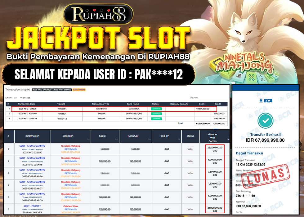 RUPIAH88 JACKPOT SLOT NINETAILS MAHJONG Rp.67.896.990,- LUNAS